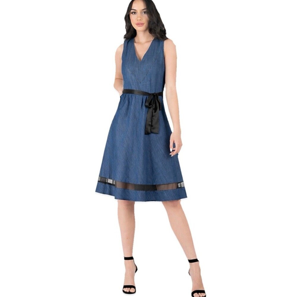 Standards & Practices Denim Dress 2X Tencel A-Line V Neck Mesh Trim
